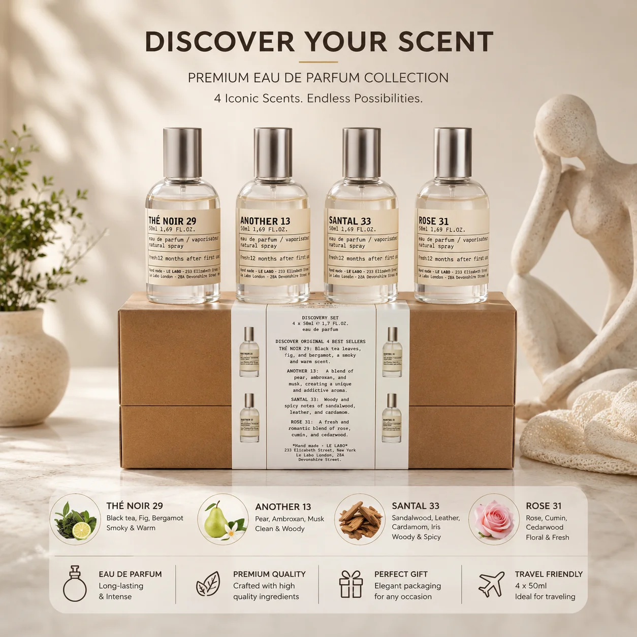 Set de Perfumes Santal 33, Another 13, The Noir 29, Rose 31, Fragancia Amaderada Unisex de Larga Duración, Aroma de Nicho, Regalo para Él y Ella