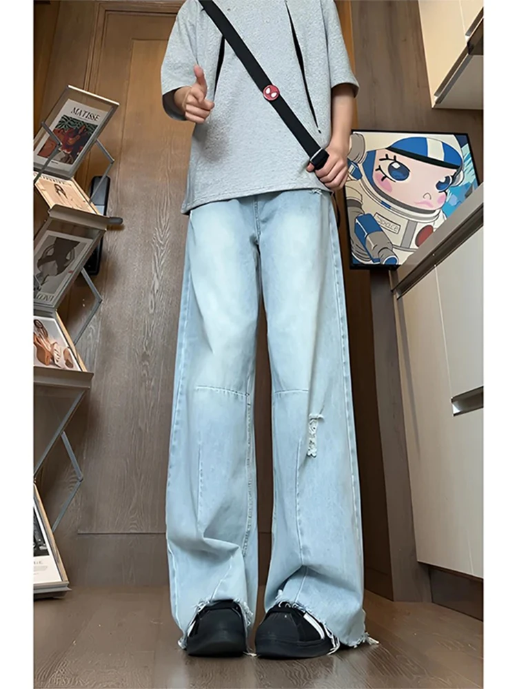 

American High Street Men's Wide Leg Jeans Summer Vintage Deconstructed Knife Straight Casual Pants Torn Hole Youth Fashion