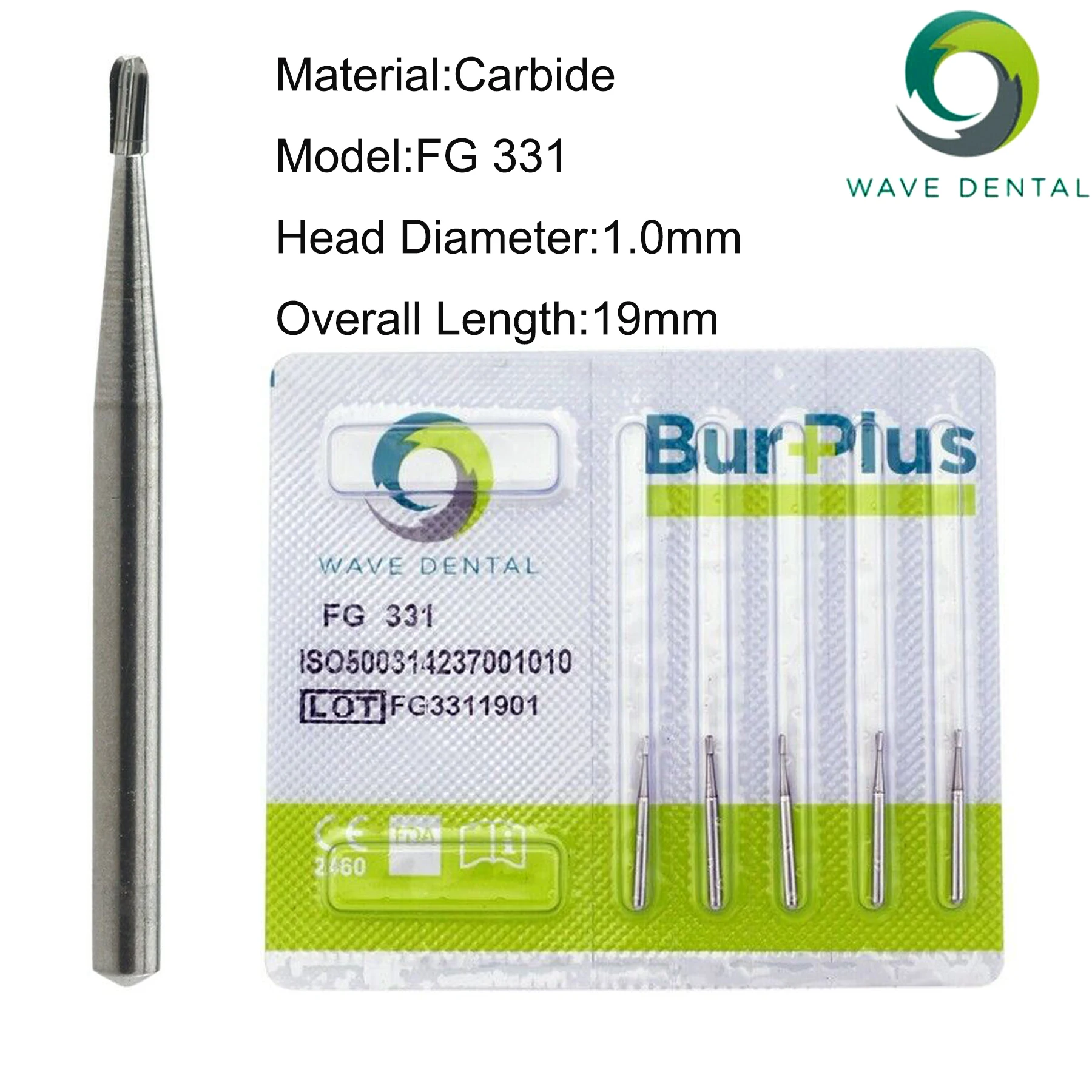 PRIMA WAVE Dental Tungsten Carbide Burs Midwest Pear Head Type FG330/331 for High Speed Handpiece Dia.1.6mm 5Pcs/Pack