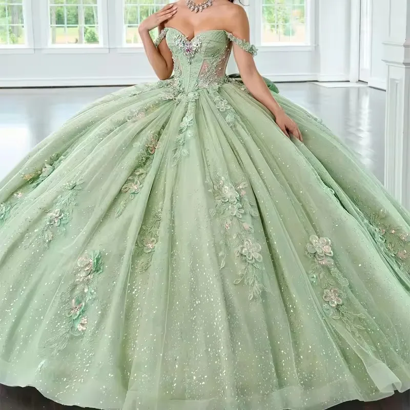قبالة الكتف النعناع الأخضر تول فساتين Quinceanera ثلاثية الأبعاد الزهور الدانتيل زين مطرز القوس الفتيات حفلة موسيقية رداء حفلات الجلباب دي سواريه #2