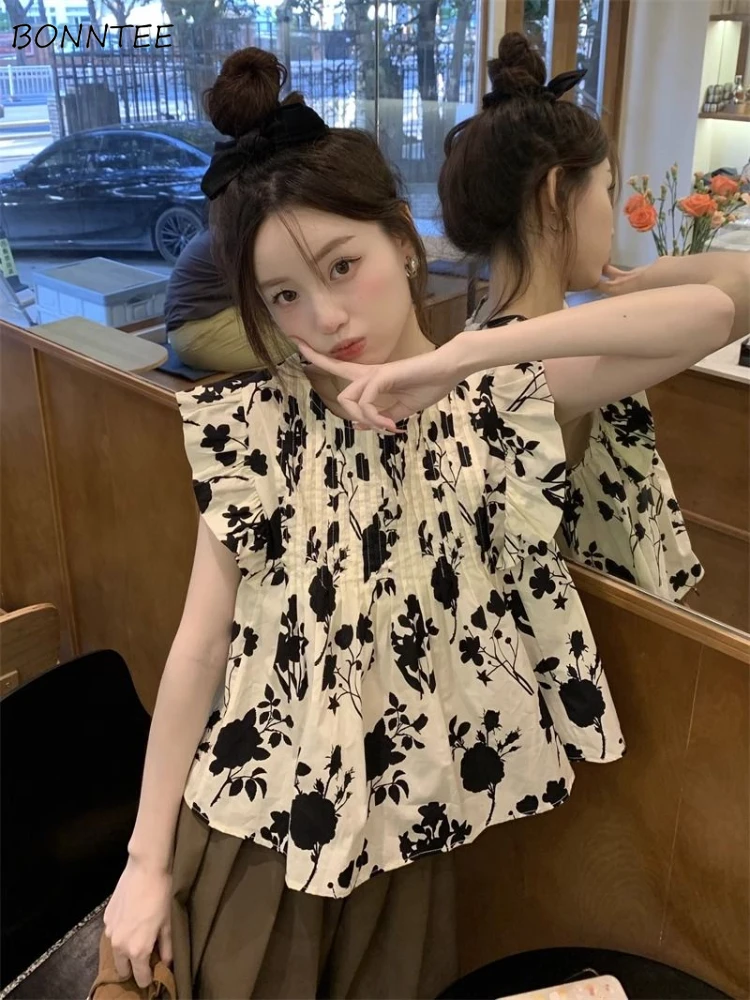 

Printed Flying Sleeve Blouses Women Vintage Sweet O-neck Chic Summer Loose Fashion Temperament Students Casual Pleated Clothing