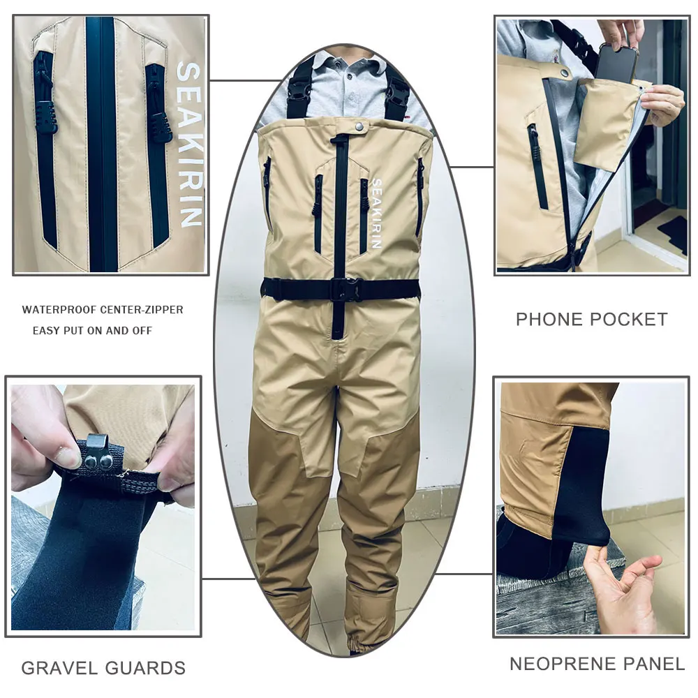 Unisex Zipper Fly-fishing Chest Wader Nylon Shell with Membrane Tricot Stockingfoot Breathable Wading Pants Fisherman Catch Fish