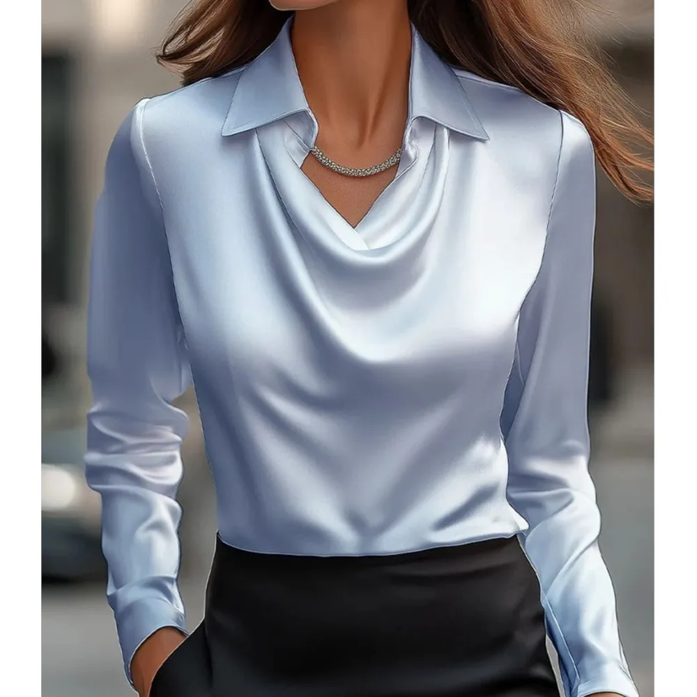 Immagine 6: Camicia da donna in raso retrò a maniche lunghe primavera autunno nuovo stile tinta unita semplice colletto altalena colletto della camicia top da donna