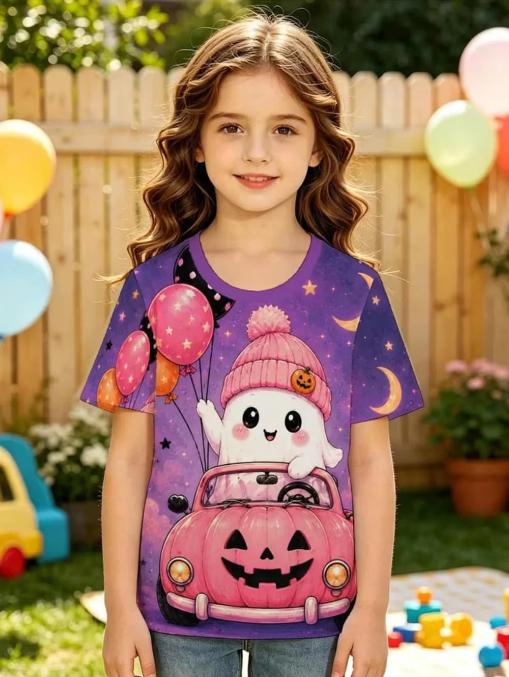 Halloween T-Shirt Cute Ghost Driving Pink Pumpkin Car 3D Graphic Girl Short Sleeve Tee Fashion Holiday Children Top Kids Clothes