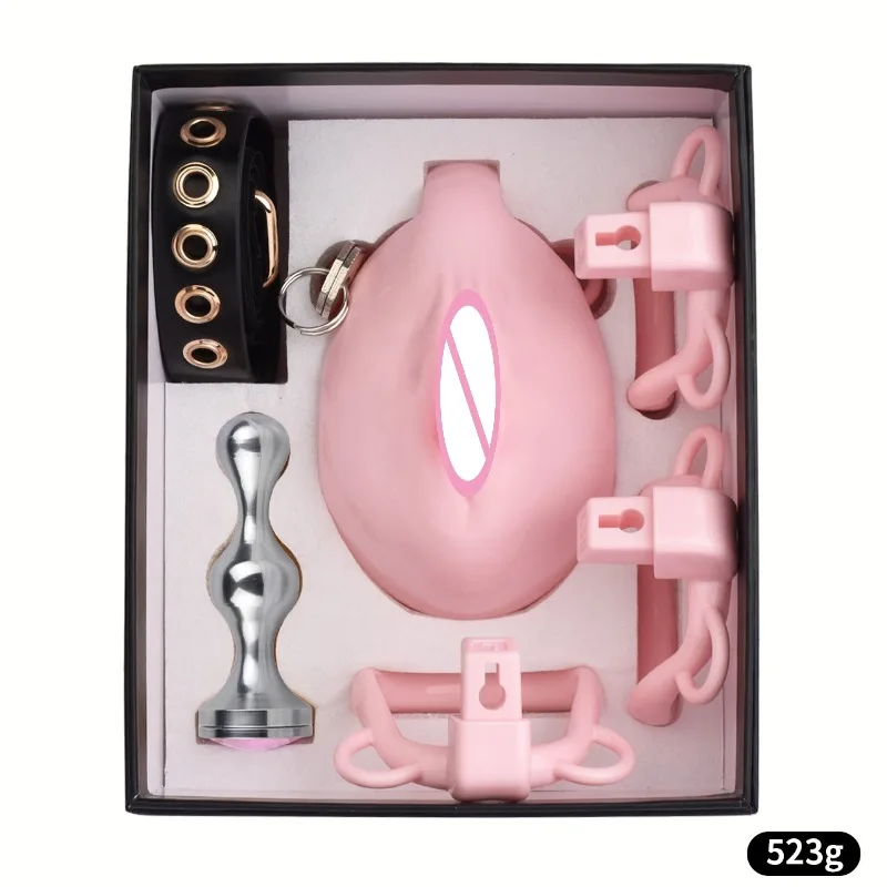 Pussy Chastity Cage with Wearable Butt Plug Simulation Labia Cage SM Erotic Fetish Bondage Vagina Shaped Sissy Sex Toy for Men