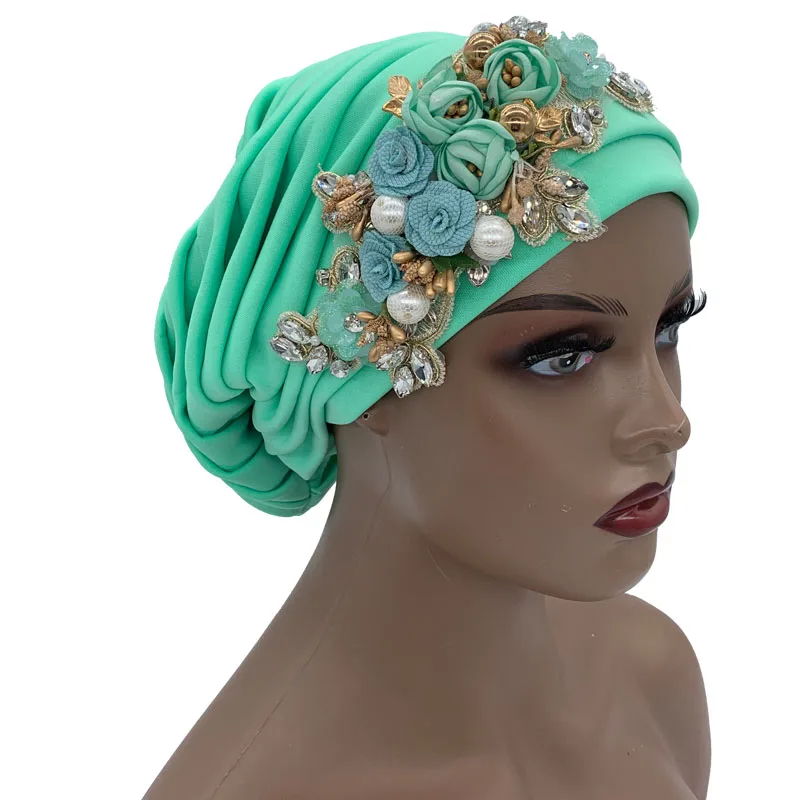 Luxury Rhinestone Flower Pleated Turban Cap Elegant Women\'s Head Wrap Headscarf Bonnet Female Party Headwear Hat Turbante