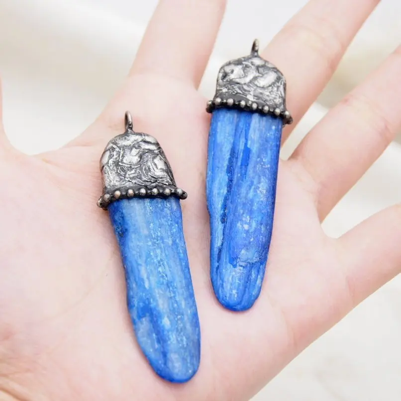 10Pcs Soldered Point Crystal Pillar Free Form Pendant Kyanite Antique Silver Plated Handmade Vintage Approx 65mm Jewelry