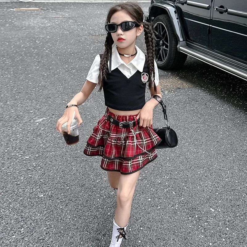 summer junior girls Academy style JK skirt set short Splicing top+layered plaid skirt+belt 3pcs baby kid suit teen child outfits