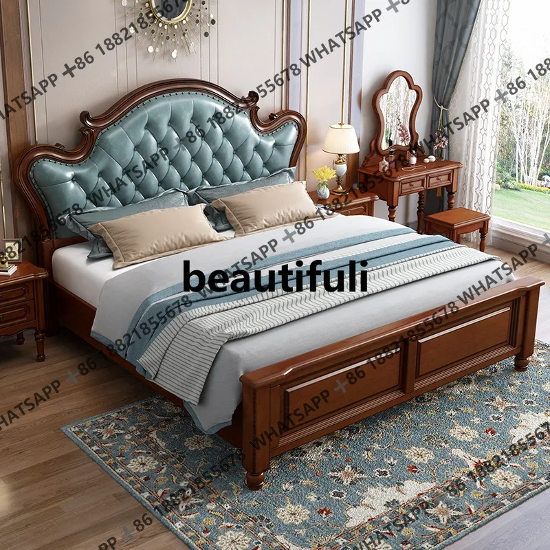 

Solid wood bed mahogany core wood bedroom furniture modern and simple, soft bag bed master bedroom light luxury high box bed