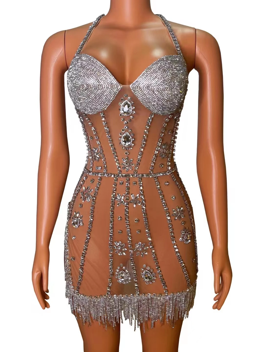 

Glisten Silver Crystals Finges Transparent DressRhinestones Chains Outfit Costume BirthdavCelebrate Sexy Stage Performance A202