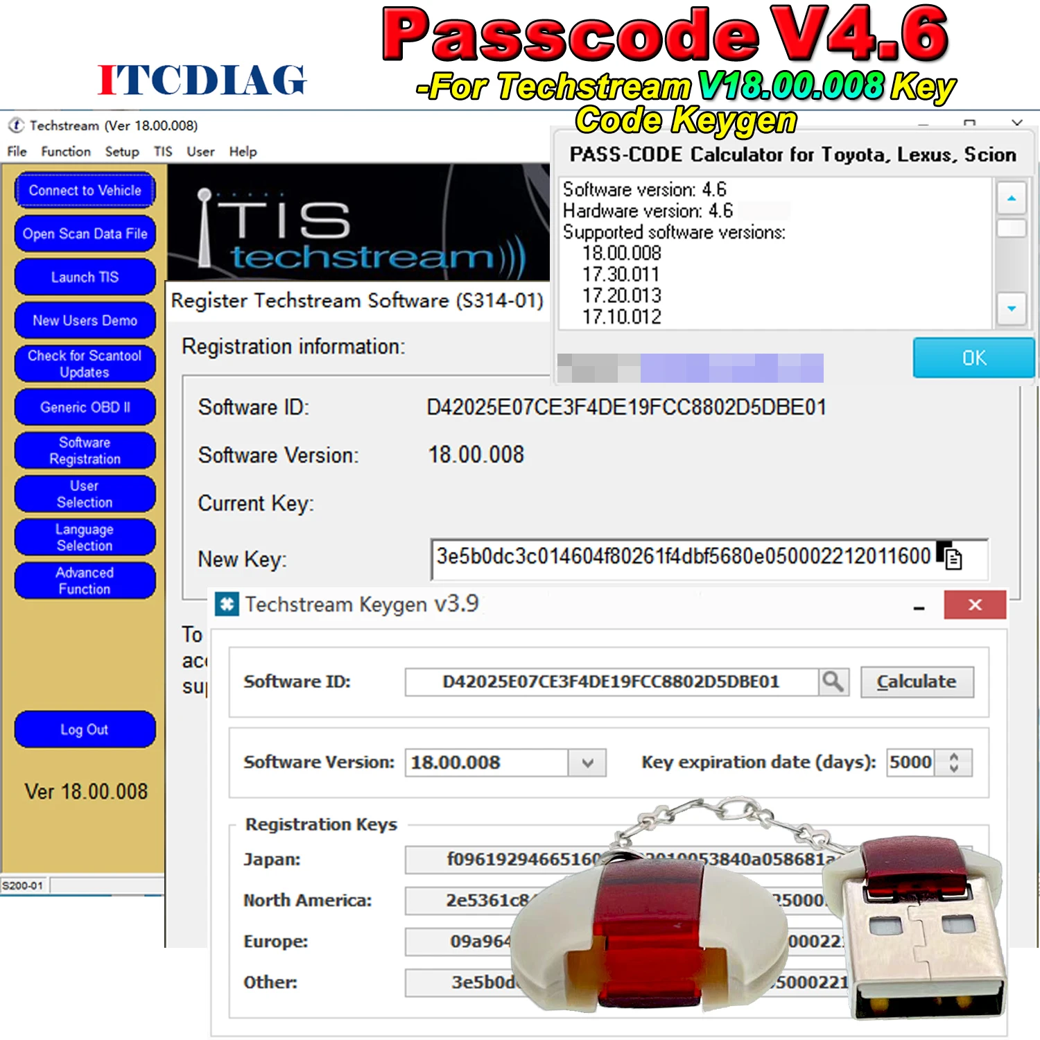 PASSCODE for Techstream V18.00.008 Software Registration Keygen Seed Number Calculator for Toyota Lexus and Scion