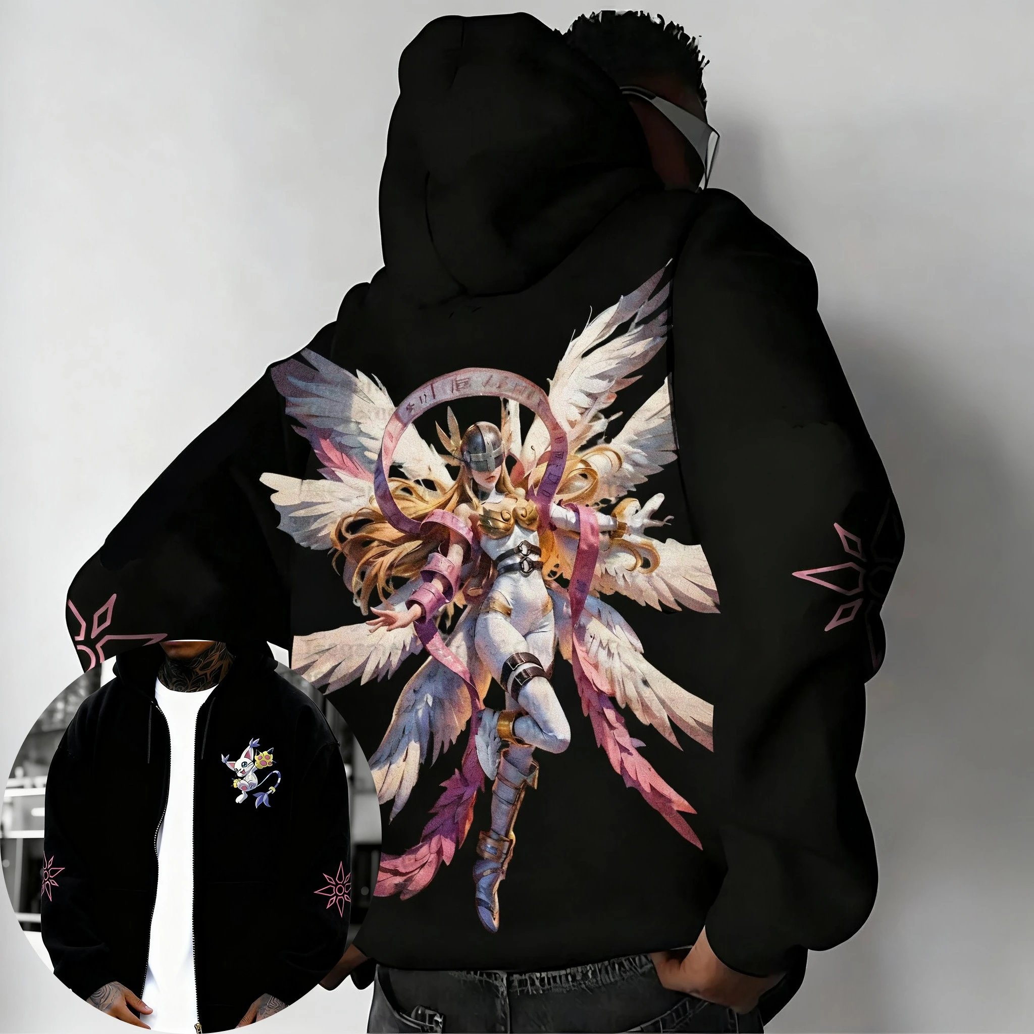 

Digimon Adventure толстовка на молнии 2025 мужская осень/зима новинка Angewomon аниме с принтом Harajuku плюс размер повседневный свободный свитер топ