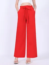 Fashion Lace-up Red Wide Leg Pants Casual Loose Elastic High Waist Cotton-linen Long Pants For Women Trouser Streetwear