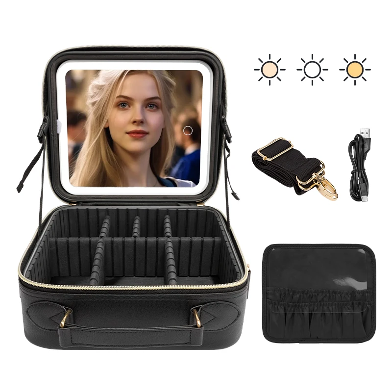 Missmeeca Travel Makeup Bag with Mirror of LED Lighted Makeup Cosmetic Case Large Waterproof Makeup Tool box Travel Storage Box