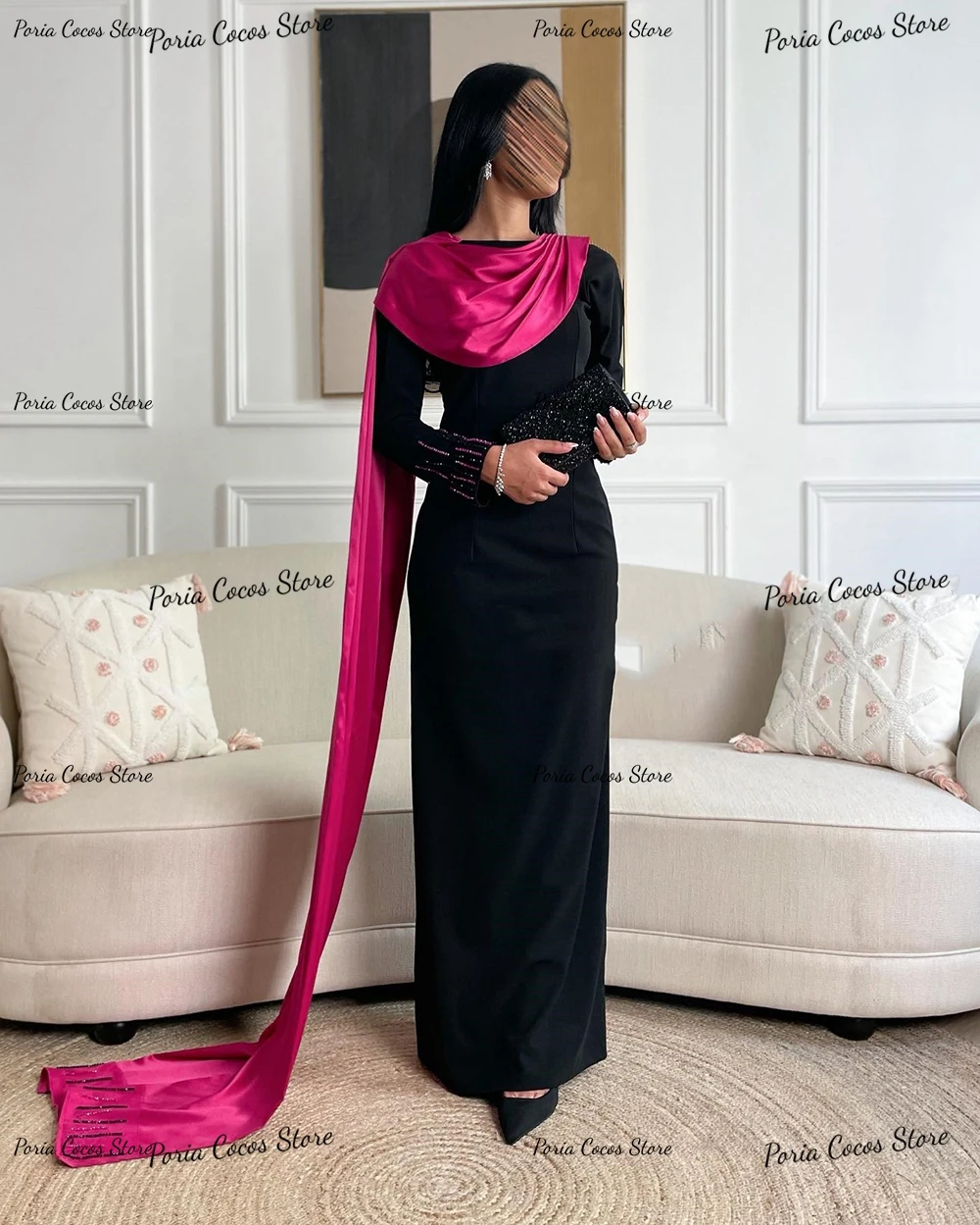 Customized Long Sleeve Straight Middle Eastern Style Evening Contrast Color Round Neck Gown فساتين سهرة فخمه