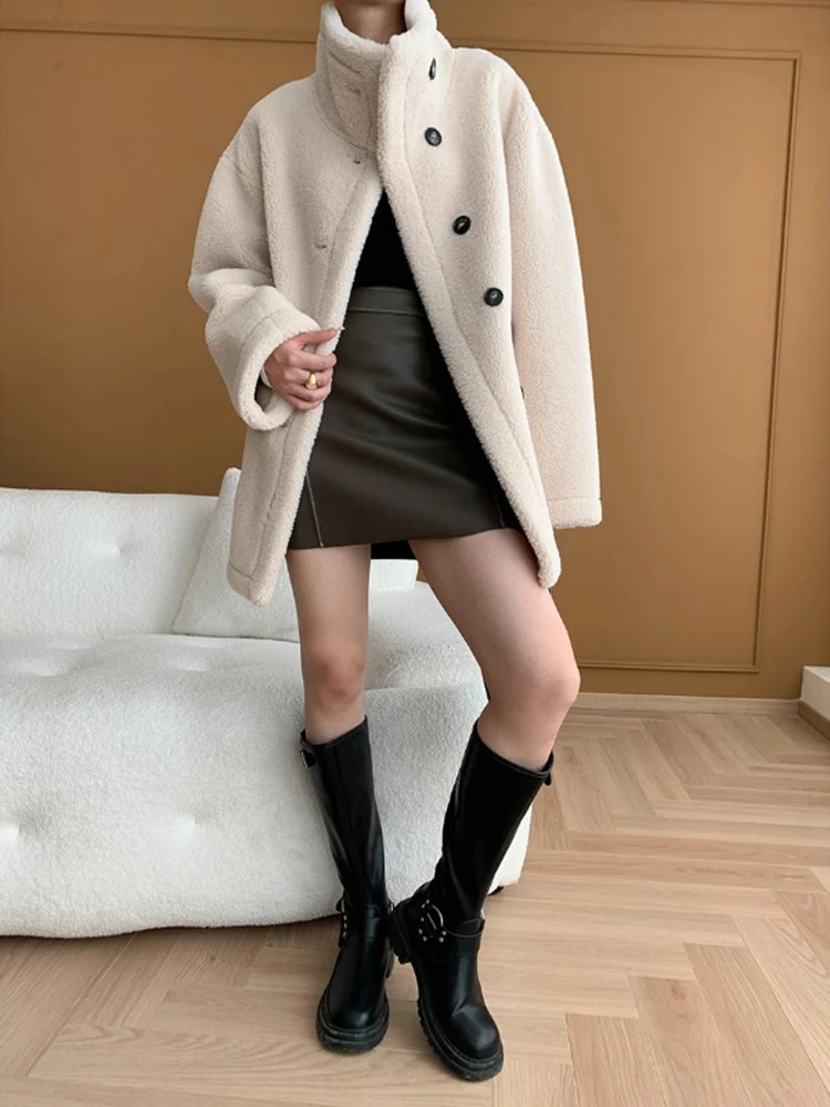 LANMREM Casual Lamb Woolen Coat For Women Stand Collar Single Breasted Pockets Design Loose Coats 2024 Winter New 2Z3051