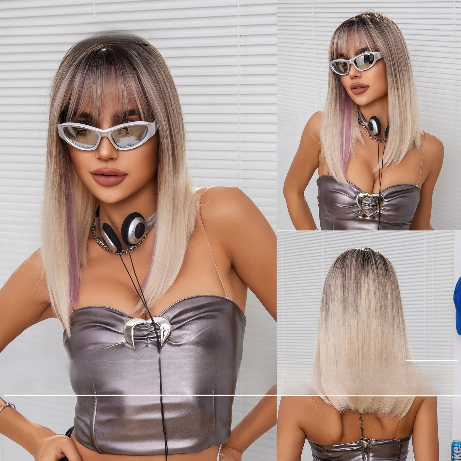 

European and American Qi Bangs Rice Pink Long Straight Hair Natural Traceless Punk Style Wig Full Headgear Female