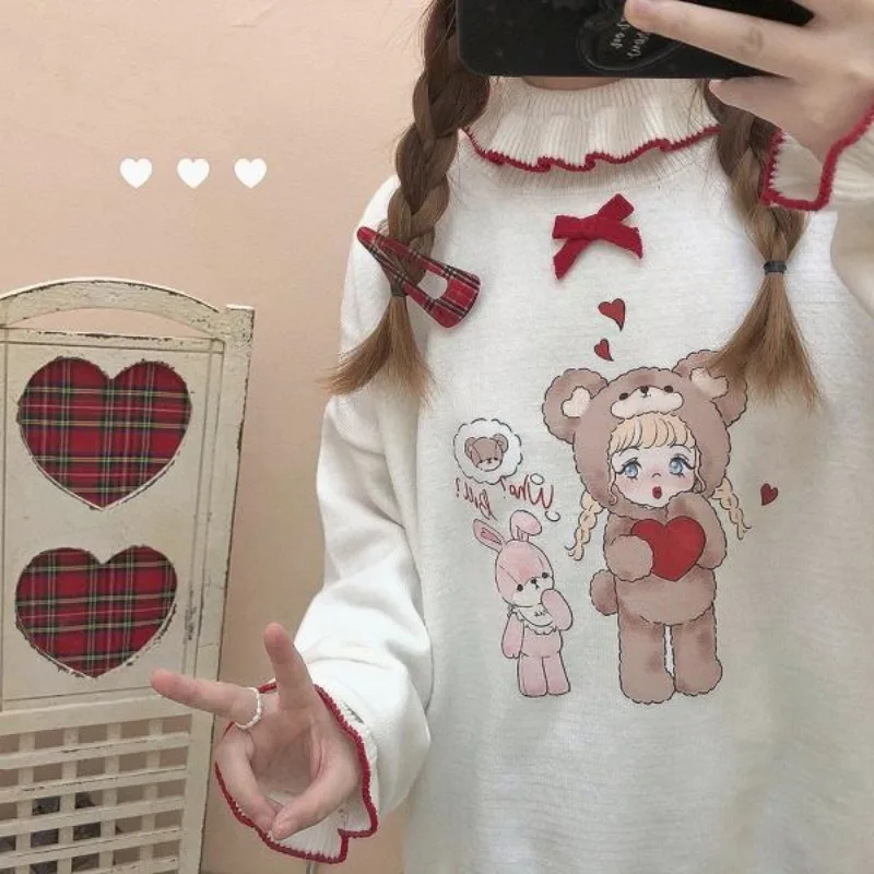 Kawaii Sweet Lolita Style Knitted Pullover Autumn Winter Women Cute Cartoon Rabbit Bow Sweater Y2k Aesthetic Knitwear Jumper Top