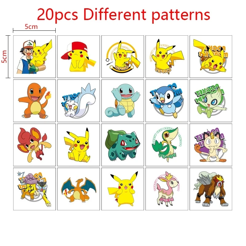 Pokémon Pikachu Tattoo Stickers for Kids, Adesivo Anime impermeável, Brinquedos Action Figure, Brinquedo Cartoon Reward, Presente de Natal de aniversário, 20pcs