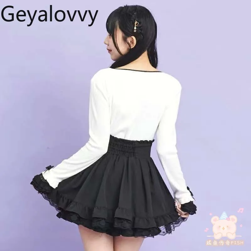 SC الخريف الدانتيل متابعة Bowknot تنوعا طويلة الأكمام البلوز الإنتاج الضخم لوليتا نمط الحلو المرأة قصيرة محبوك قاعدة قميص