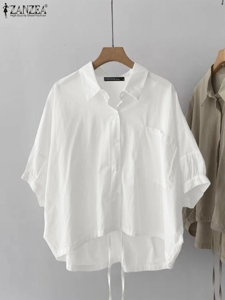 

ZANZEA 2025 Fashion Shirts Women Casual Loose Tunic Asymmetric Hem Tops Summer Lace-Up Half Sleeve Lapel Neck Blusas Female