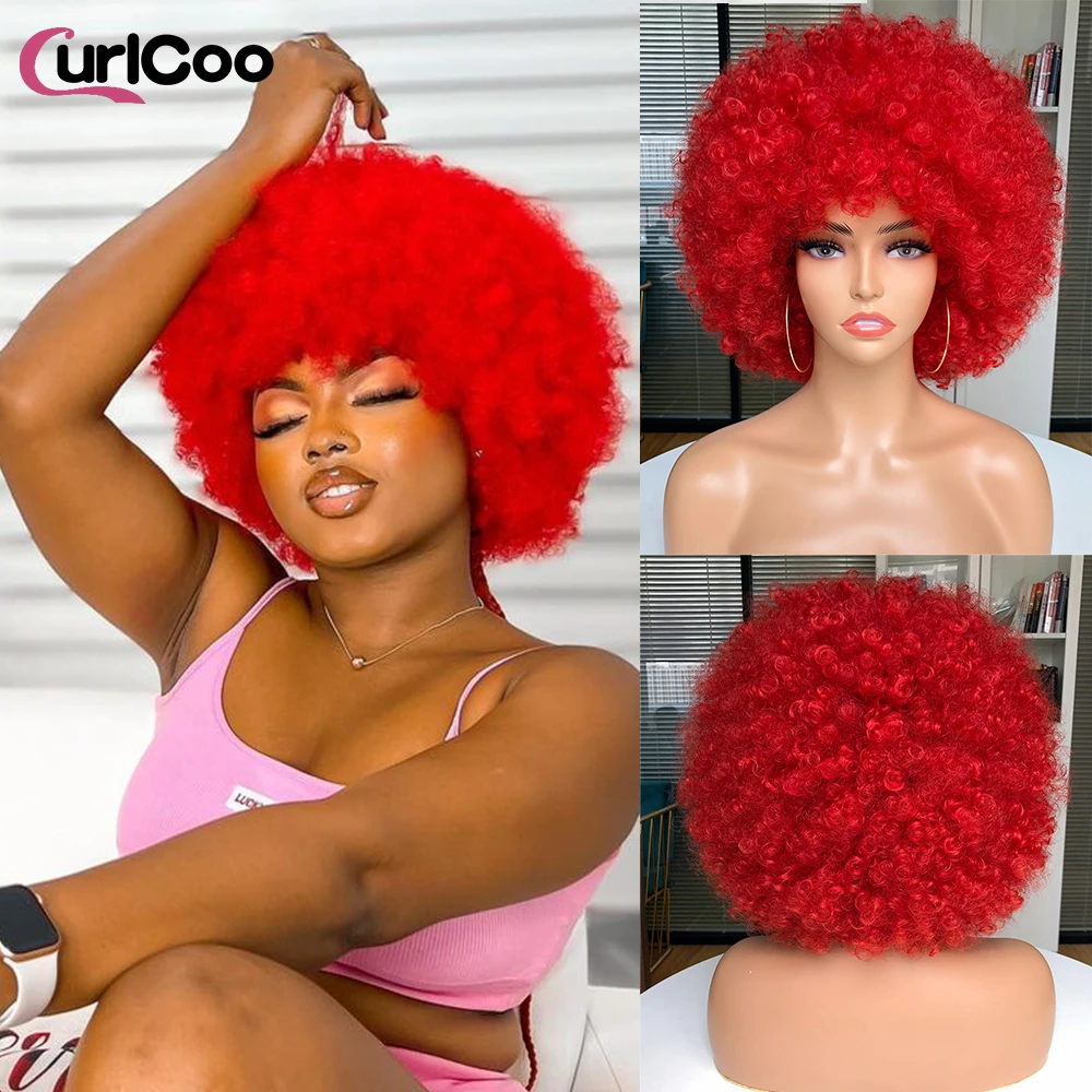 Short Hair Afro Kinky Curly Wigs With Bangs For Black Women Cosplay lolita Synthetic Omber Blue Pink blackpink Wig