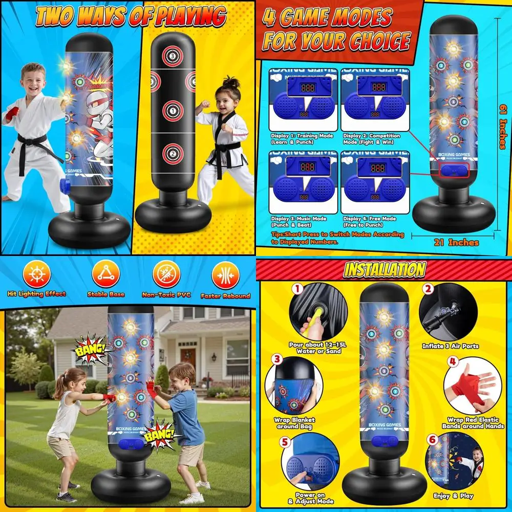 

Интерактивный боксерский игровой набор из 4 предметов с музыкой и светодиодами, с воздушным насосом, для детей 6-12 лет