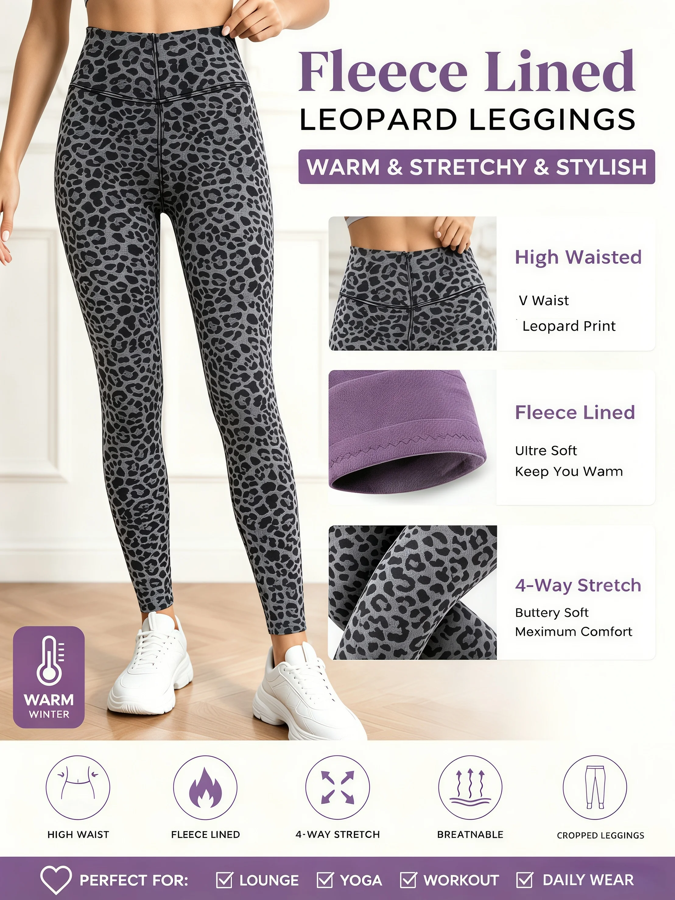 Women's Gray Leopard Print Fleece Lined V High Waist Ankle Leggings Purple Skin-Friendly Lining Heat Fit Thermal Skinny Pants