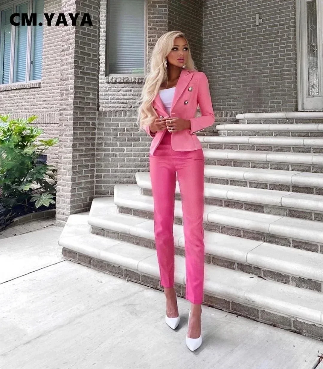 CM.YAYA Autumn Winter Streetwear Women\'s Set Long Sleeve Blazer Pants Suit Office Lady Tracksuit Two Piece Set Fitness Outfits