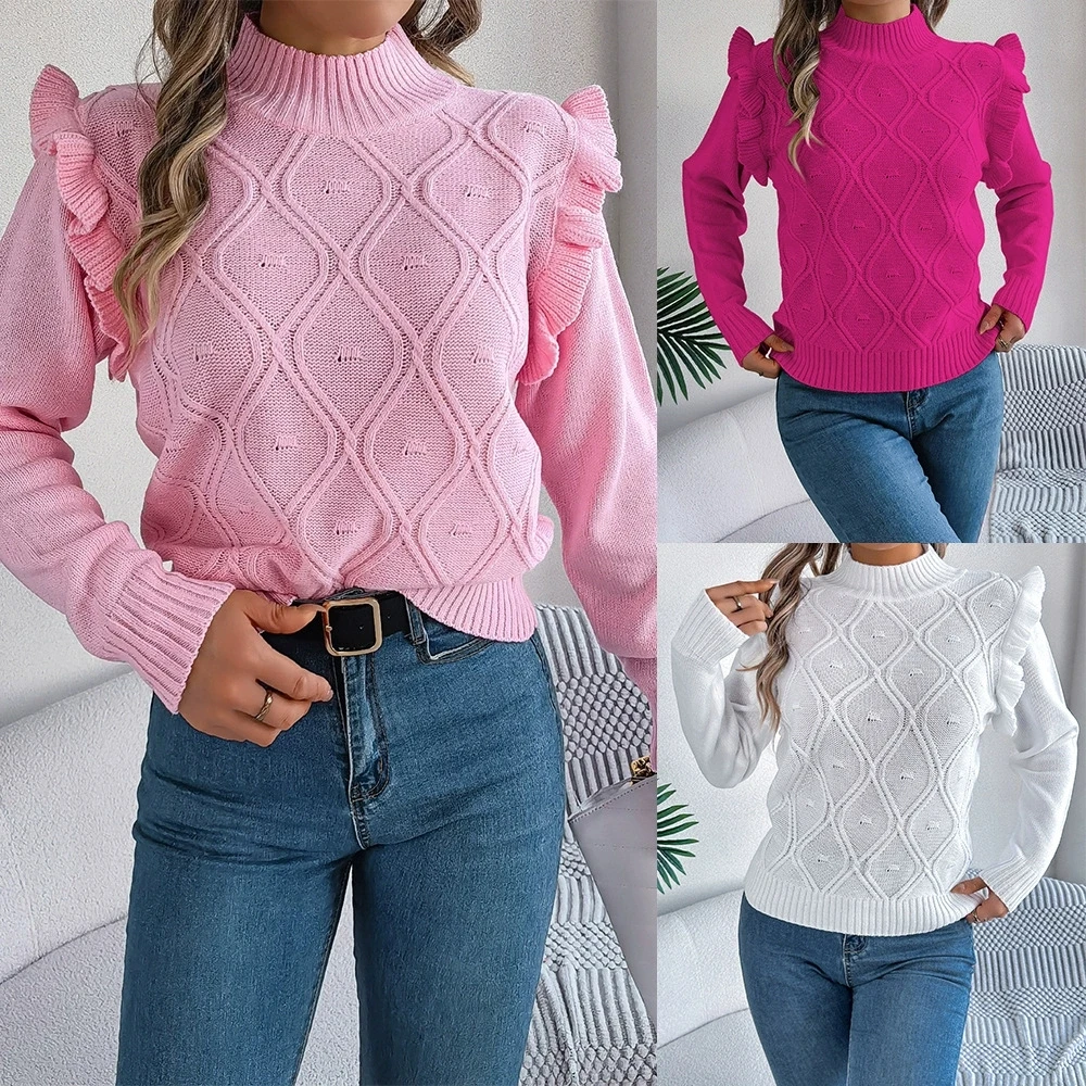 Autumn and winter European and American pure color elegant black fungus edge long sleeved stand up collar pullover sweater