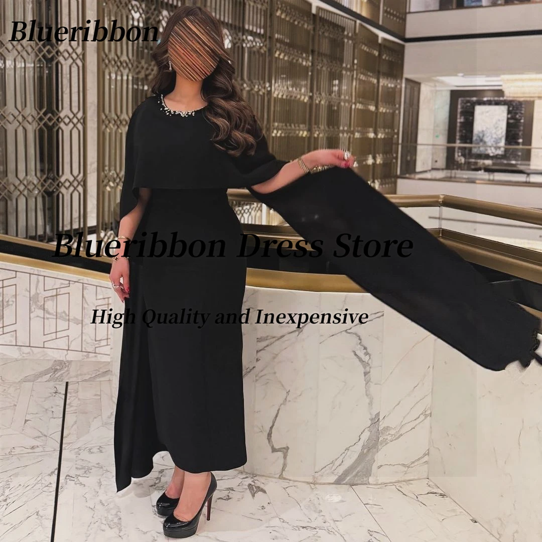 

Blueribbon Custom Beaded Crew Neck Evening Dresses with Shawls Zipper Back Prom Dress Ankle Length Black Special Party Gowns