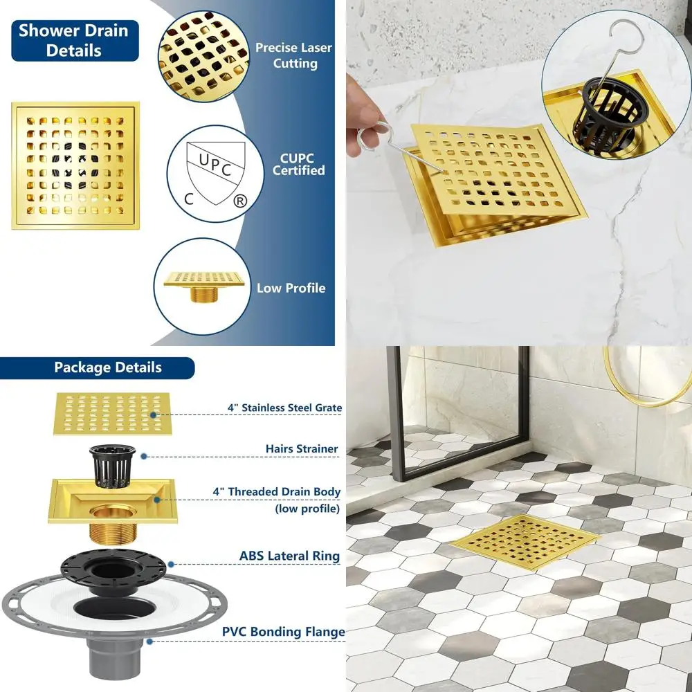 

6 Golden 304 Stainless Steel Shower Drain with Removable Grate, PVC Flange Base, Waterproof Fabric, Drain Key