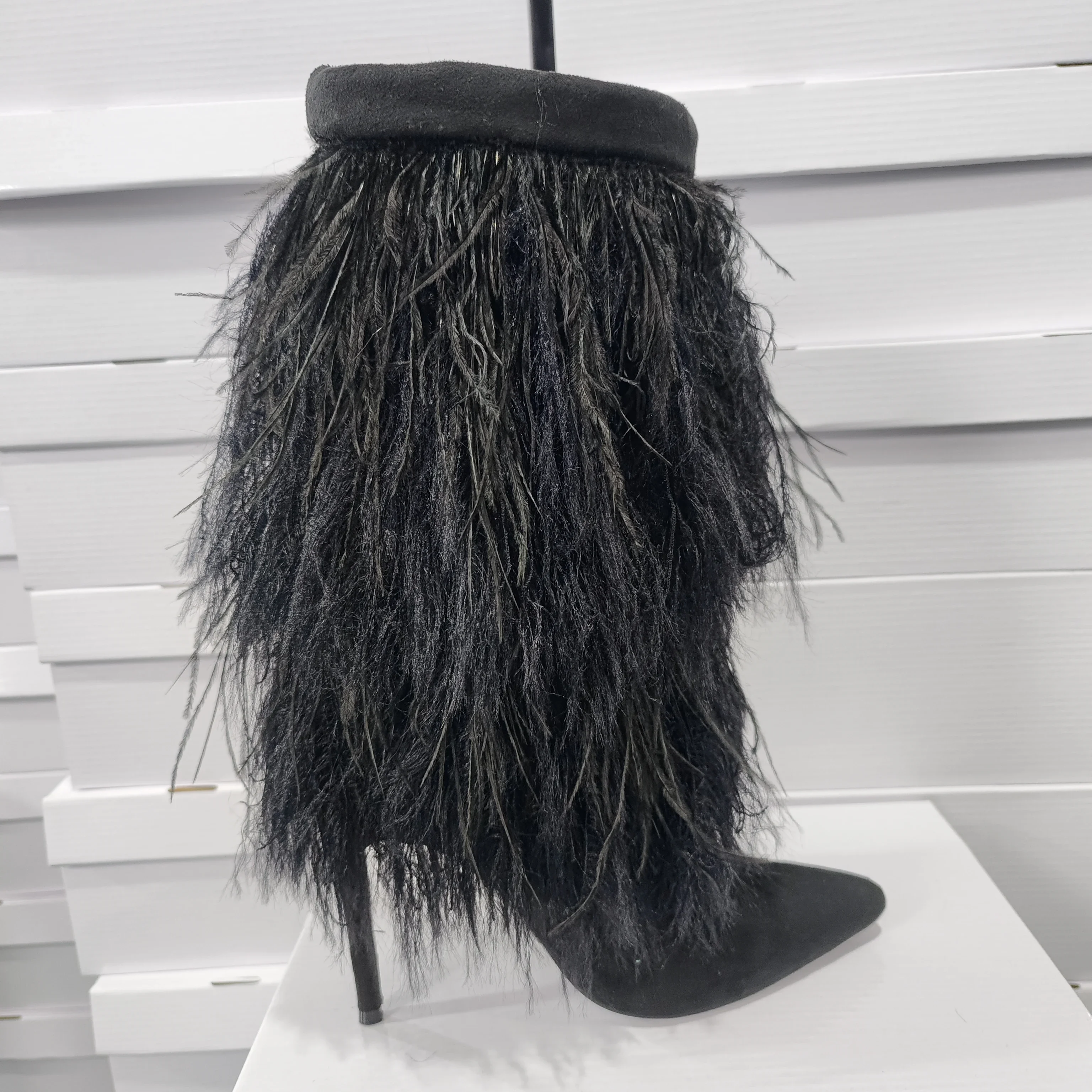 2025 New Fluffy Fashion Catwalk Long Boots Knee High Women Boots Pointed Toe Thin High Heel Black Hair Stage Party Boots