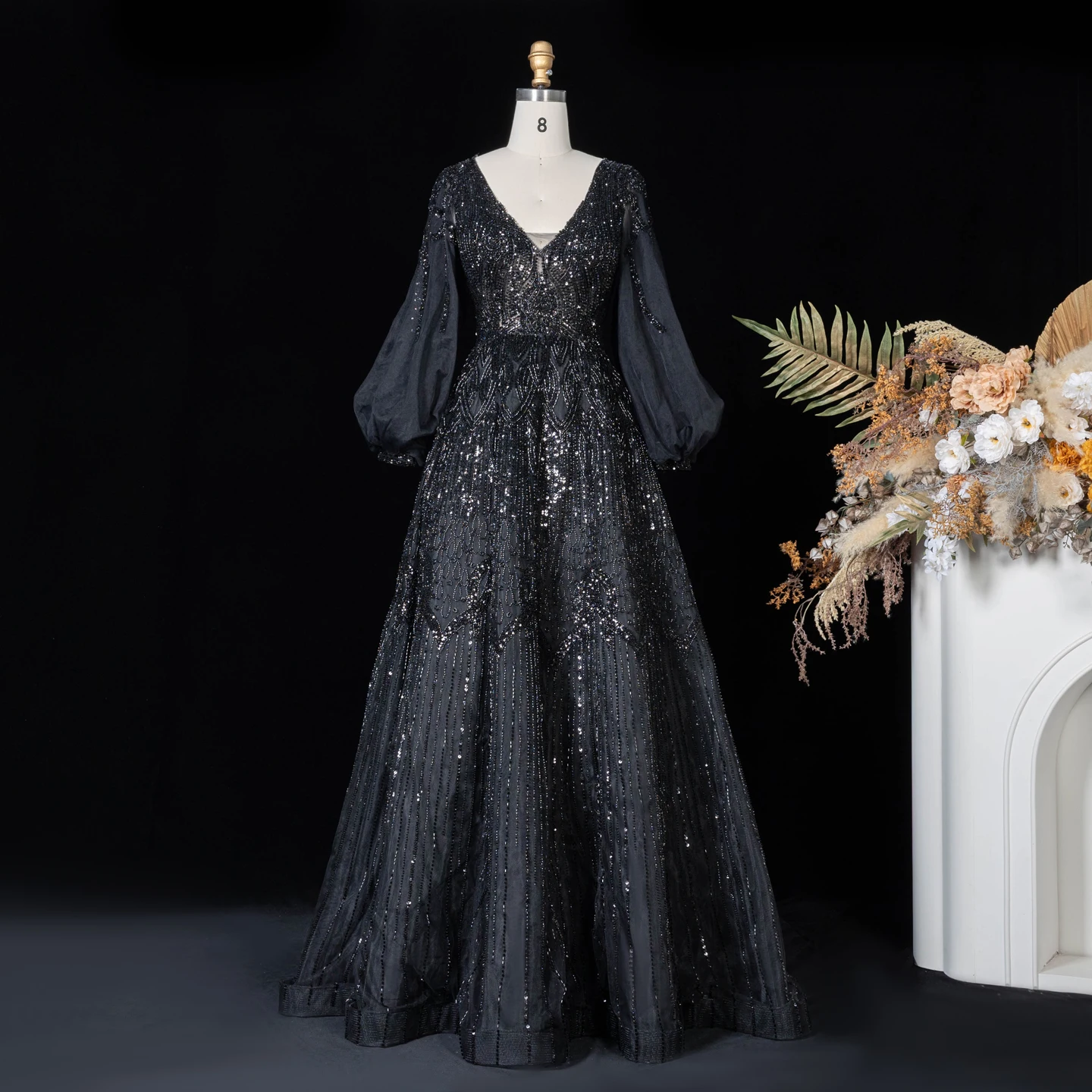 Sharon Said Luxuriöses Rosa Abendkleid mit Perlenstickerei, V-Ausschnitt, A-Linie und Puffärmeln, 2026 Damen Hochzeitsfeier SS057, Maßanfertigung – Detail 17
