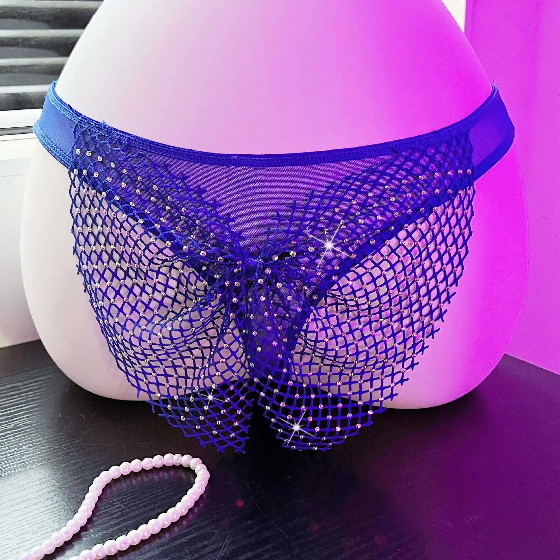 تألق الماس شبكة جوفاء مثير الملابس الداخلية النسائية فراشة كبيرة منخفضة الخصر الصيد صافي منظور تنفس ثونغ للمرأة