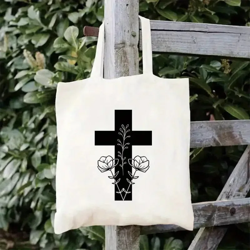 

Floral Cross Canvas Tote Bag Christian Religious Print Shoulder Bag Reusable Eco Friendly Tote Bag for Church