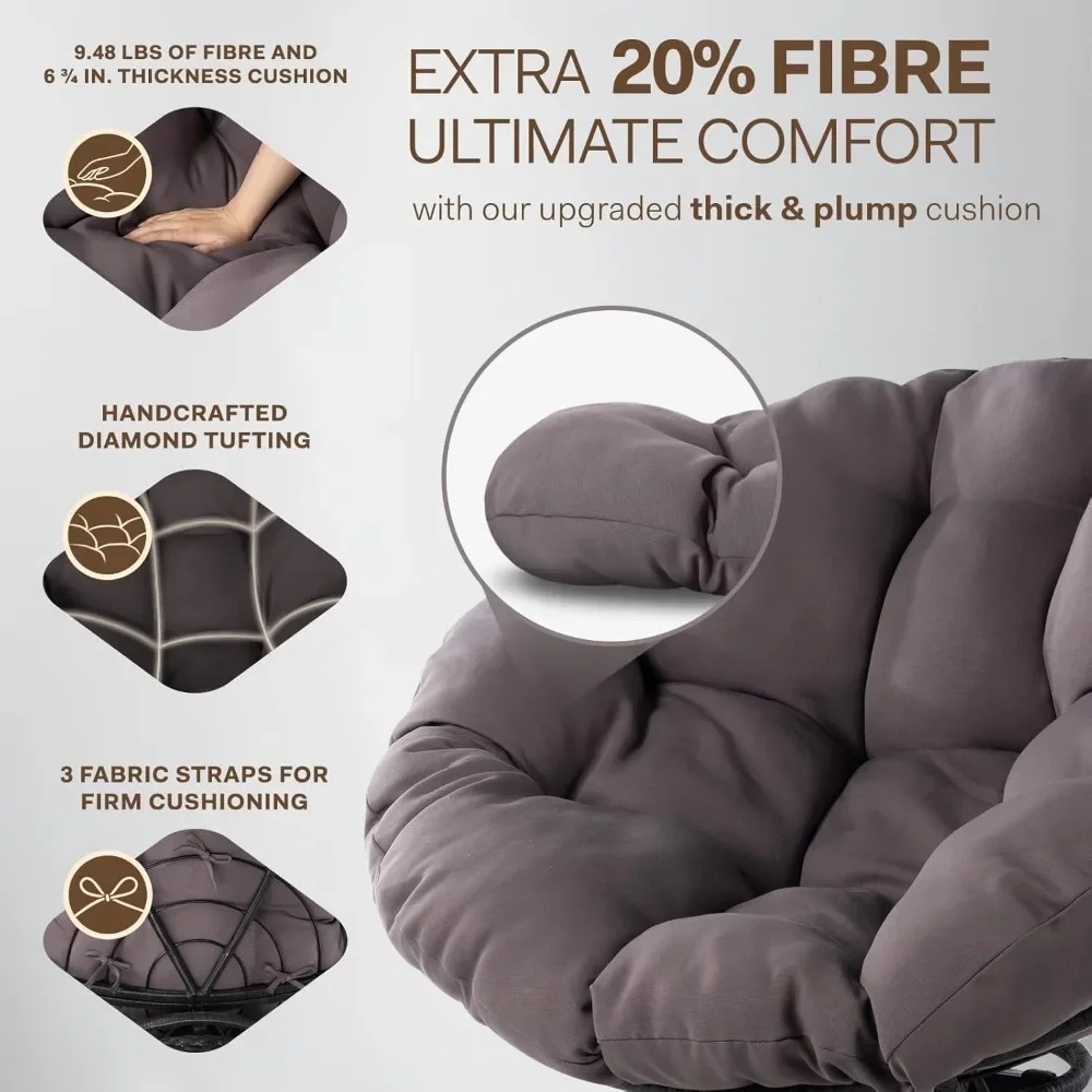 40 inch ergonomische rieten papasan-stoel met zacht dik stoffen kussen, stalen frame met hoge capaciteit, 360 graden draaibaar voor