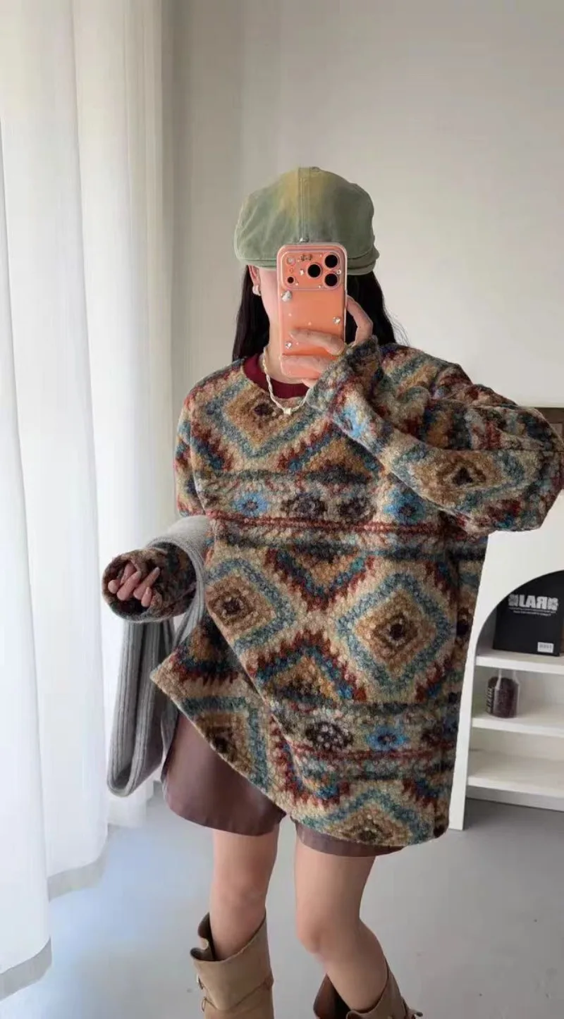 

Толстовка из овечьей шерсти в этническом стиле, женская толстовка большого размера, мужская толстовка с длинным рукавом и круглым вырезом, весна-осень, уличные повседневные топы 2025