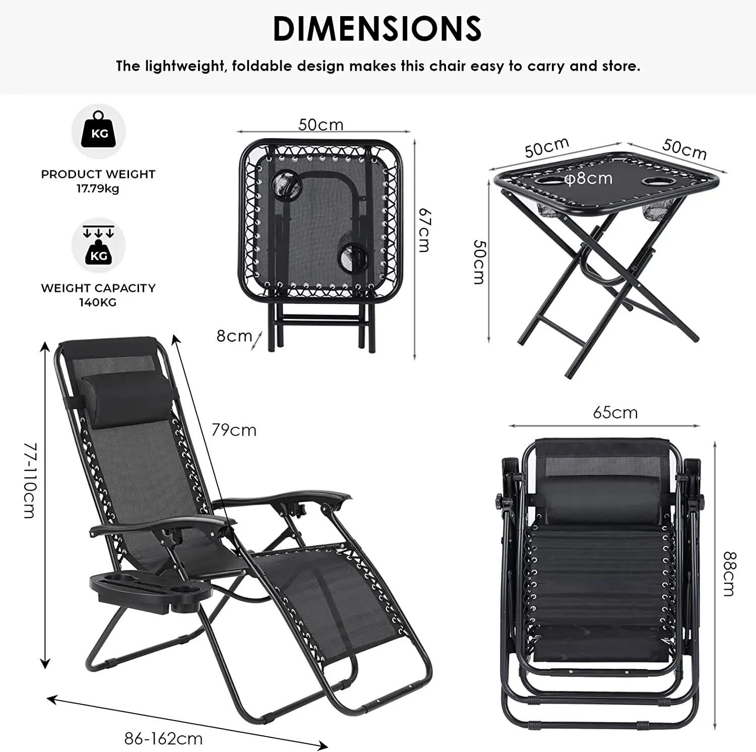 Espreguiçadeira de jardim, espreguiçadeira de lazer, praia, espreguiçadeira de jardim de alumínio, 2 x cadeira dobrável e 1 x mesa