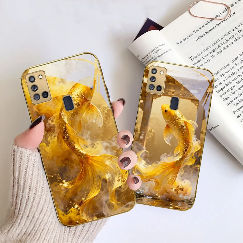 

Cute golden koi fish For Samsung A 31 32 A33 A34 35 14 A15 13 A16 25 26 50 52 53 54 55 56 70 71 72 73 Golden glass phone case