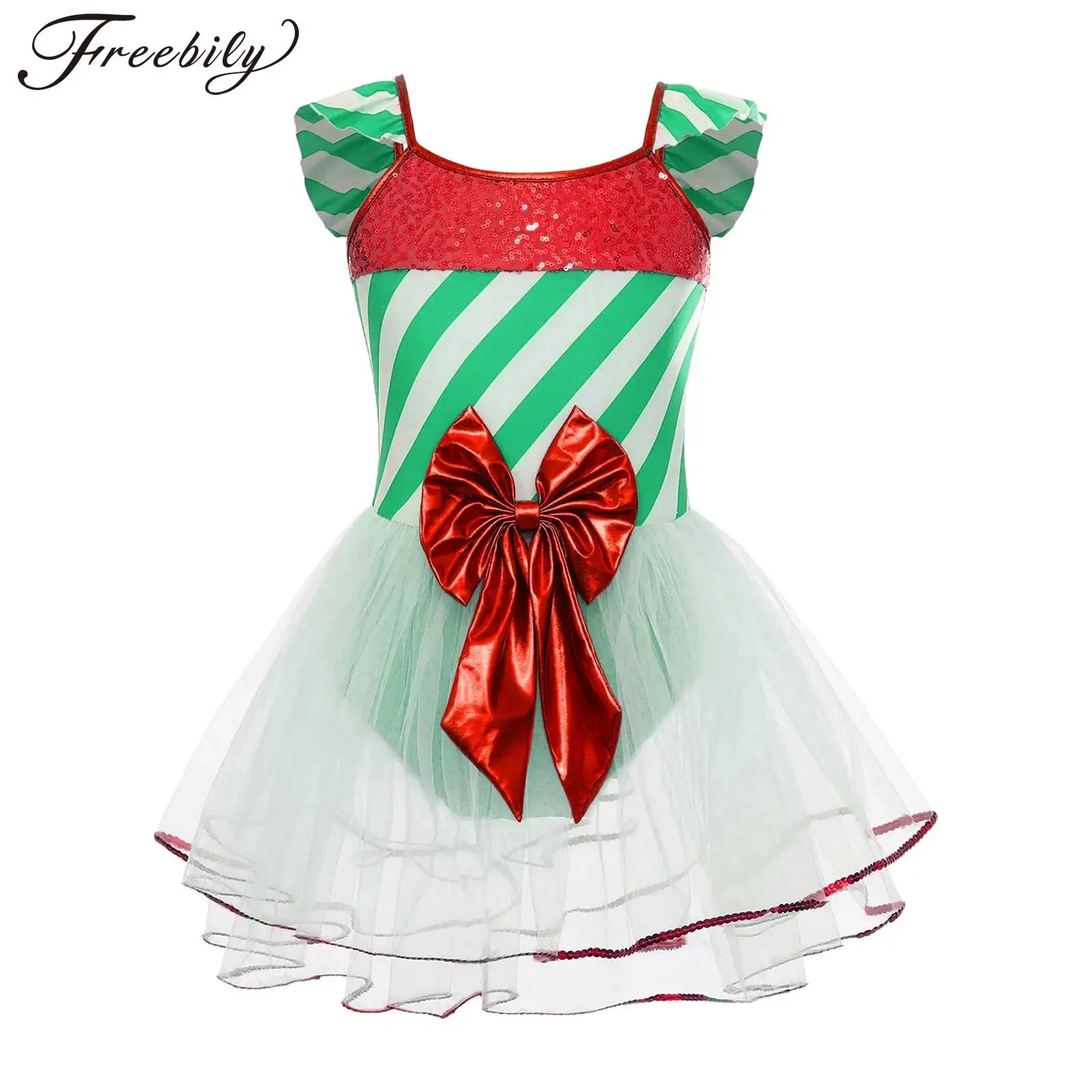 

Girls Christmas Santa Dress Costume Ballet Dance Leotard Dress Candy Cane New Year Party Dress Sequins Stripes Tutu Dress
