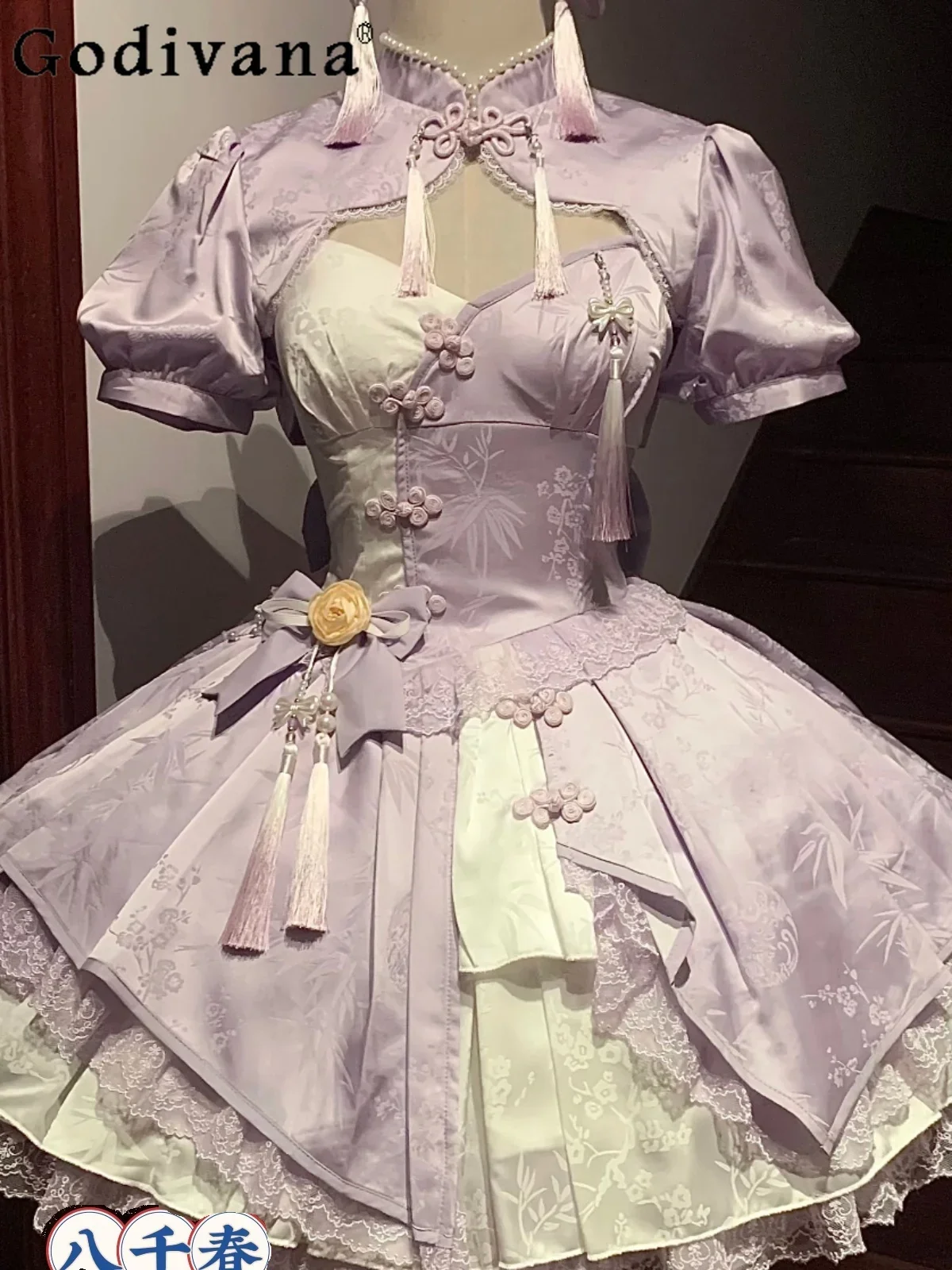 Japońska sukienka Lolita Girly Sweet Print Lace Tassel Chinese Style Elegant Fashion Purple Cosplay Mini Dress Y2k Vestidos Mujer