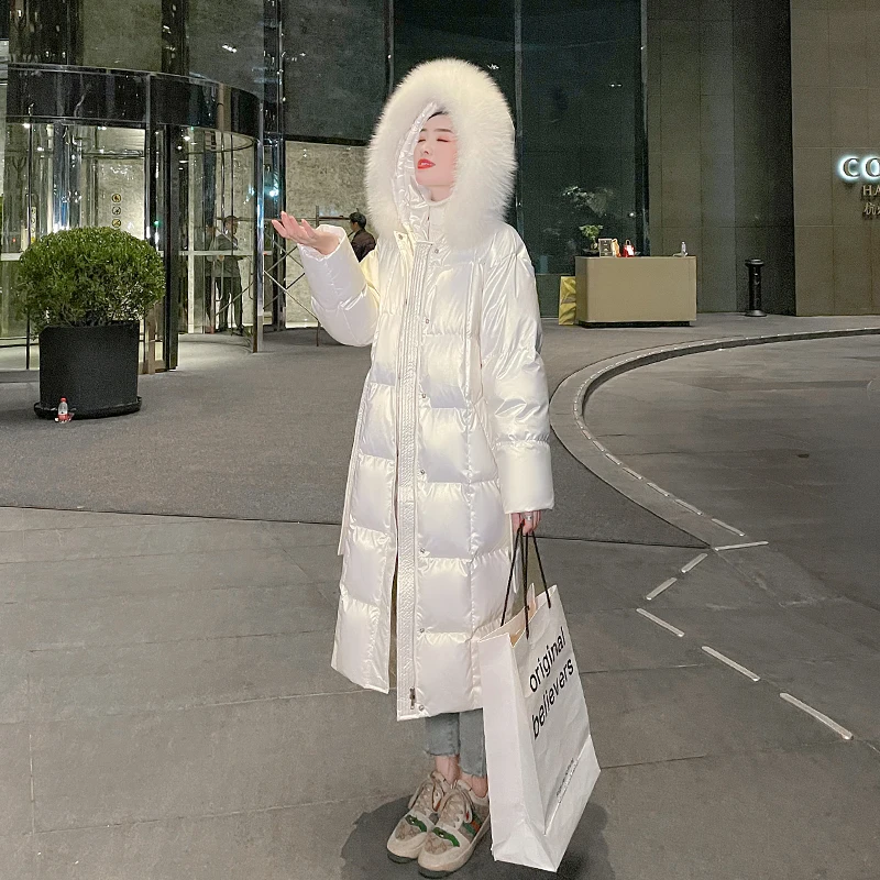 Abrigos de plumón de pato blanco 90% con cuello de piel de zorro Real para mujer, Chaqueta larga brillante para nieve, Parkas largas sueltas de