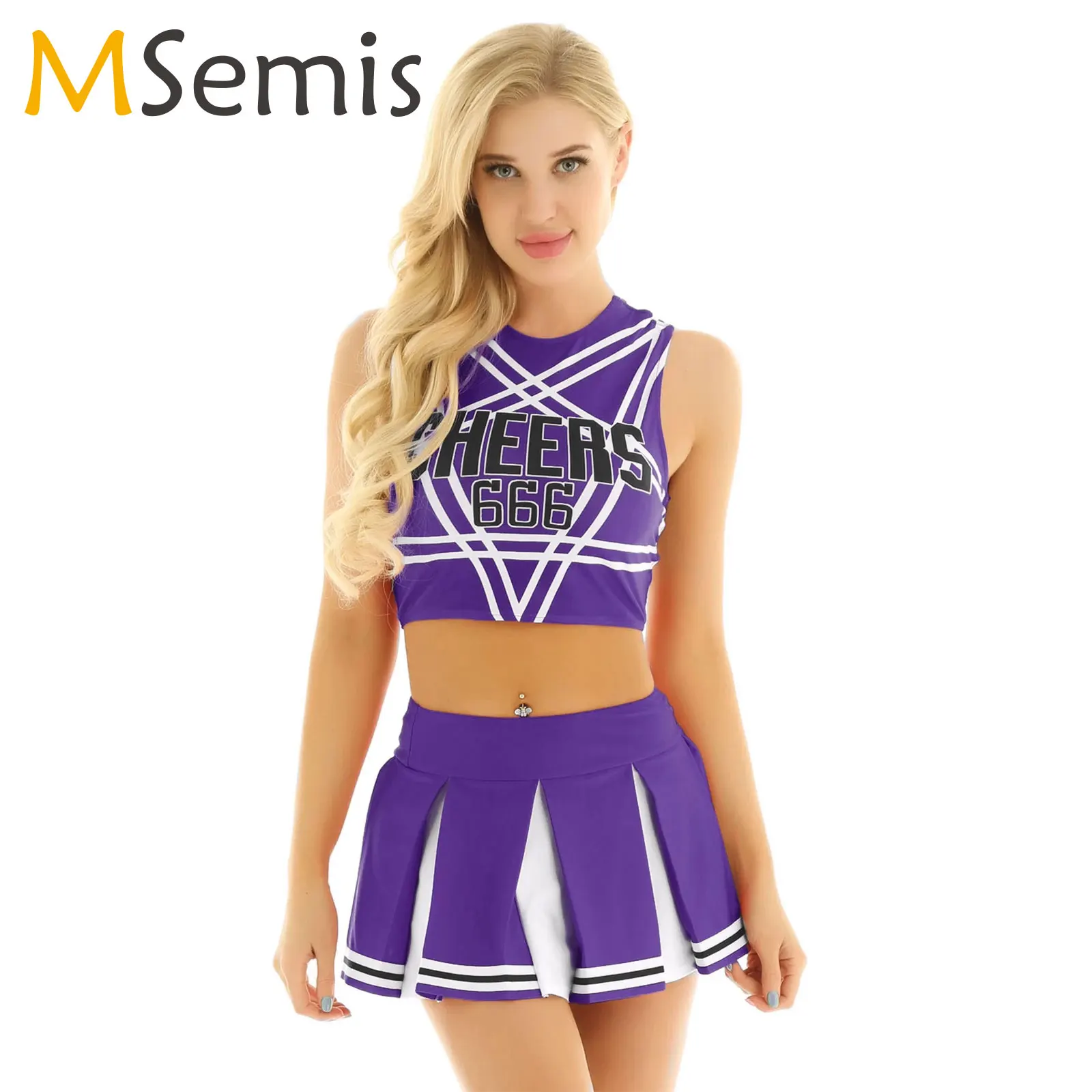 

Womens Cheerleader Costume Uniform Japanese Schoolgirl Cosplay Crop Top with Mini Pleated Skirt Cheerleading Halloween Set Club