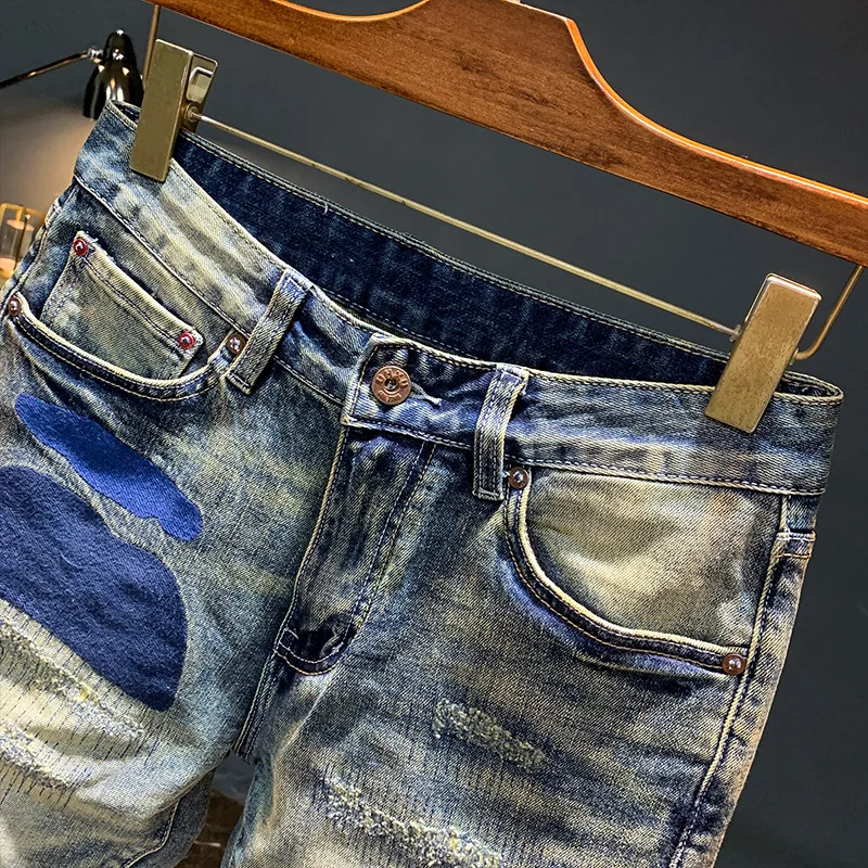 American casual denim shorts men's summer new embroidered five quarter casual trendy brand retro five quarter mid length pants