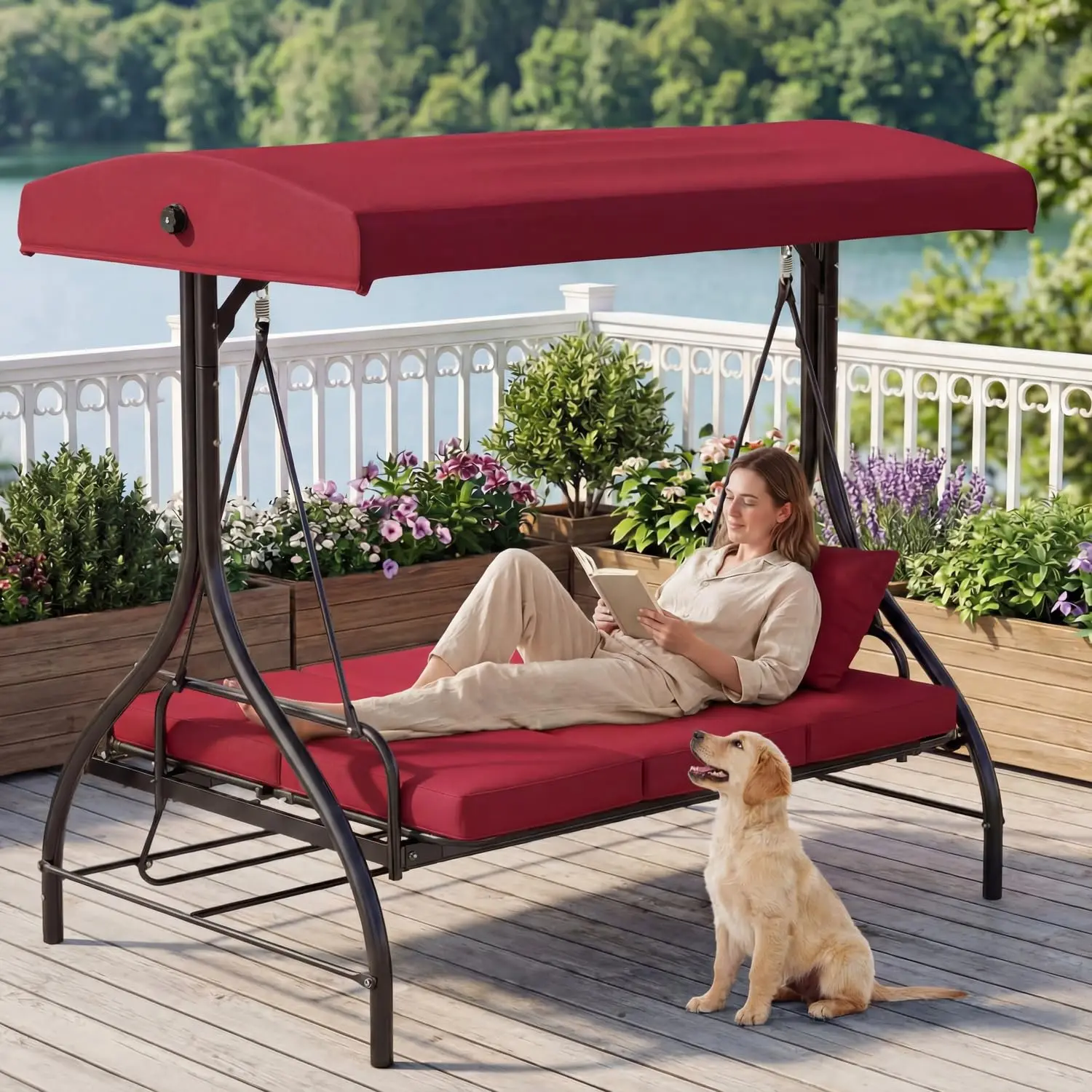 3-Seat Outdoor Patio Porch Swing with Adjustable Canopy & Backrest, Convertible Glider Bed with Stand, Removable, Customized