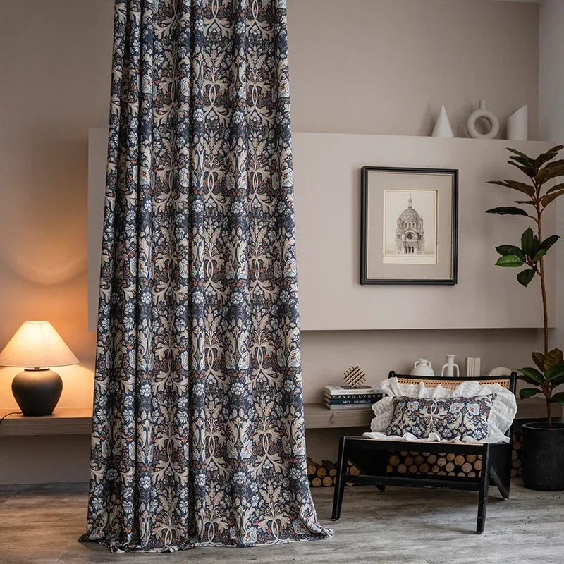 American Cotton Linen Retro Curtains For Living Room Bedroom Dining Dark Print New Popular Blackout Bedroom Window Customized