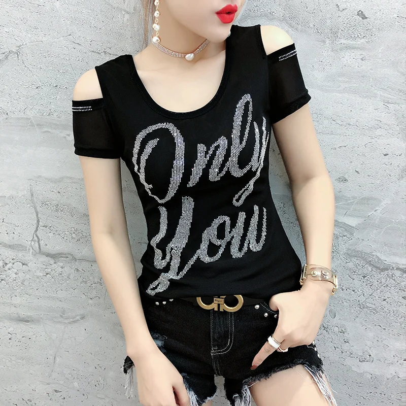 

#7114 Black Red T Shirt Femme With Diamonds Sexy Tight Short Sleeve T Shirt Women O Neck Off Shoulder Top Summer Women's T-shirt