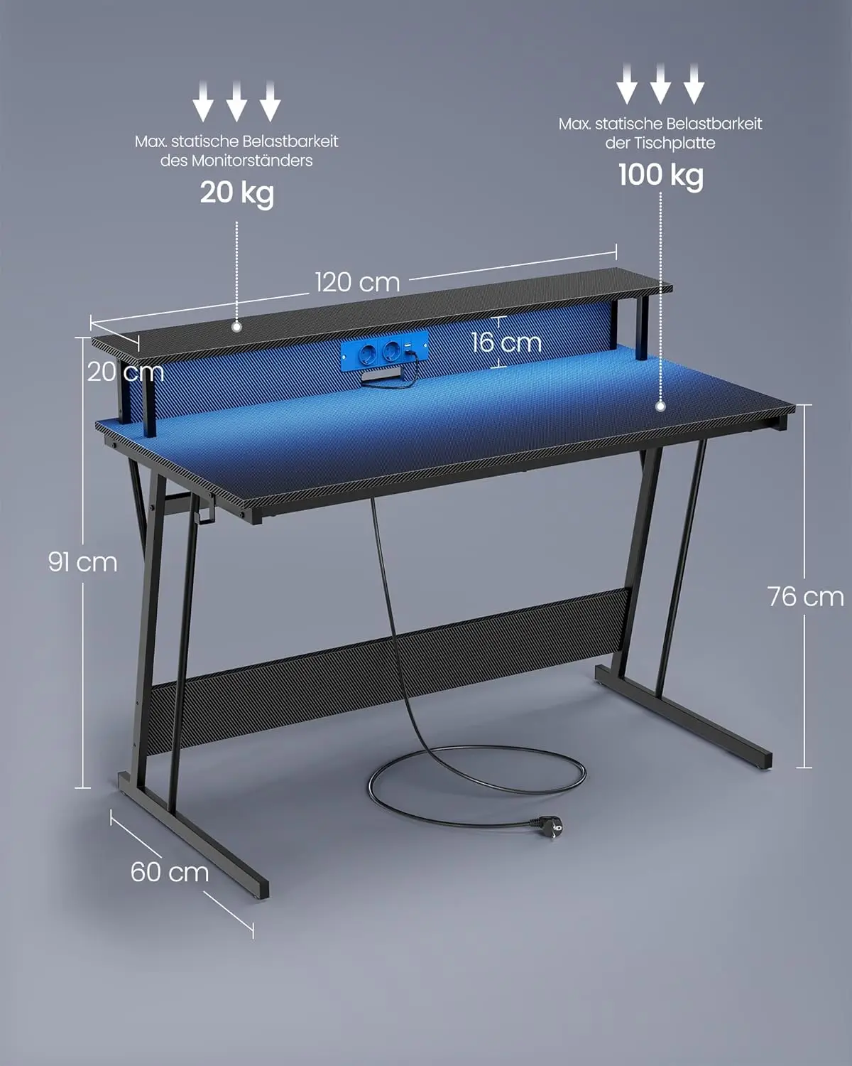 Vasagle Bureau, Met Ingebouwde Stopcontacten Strip, Led Verlichting