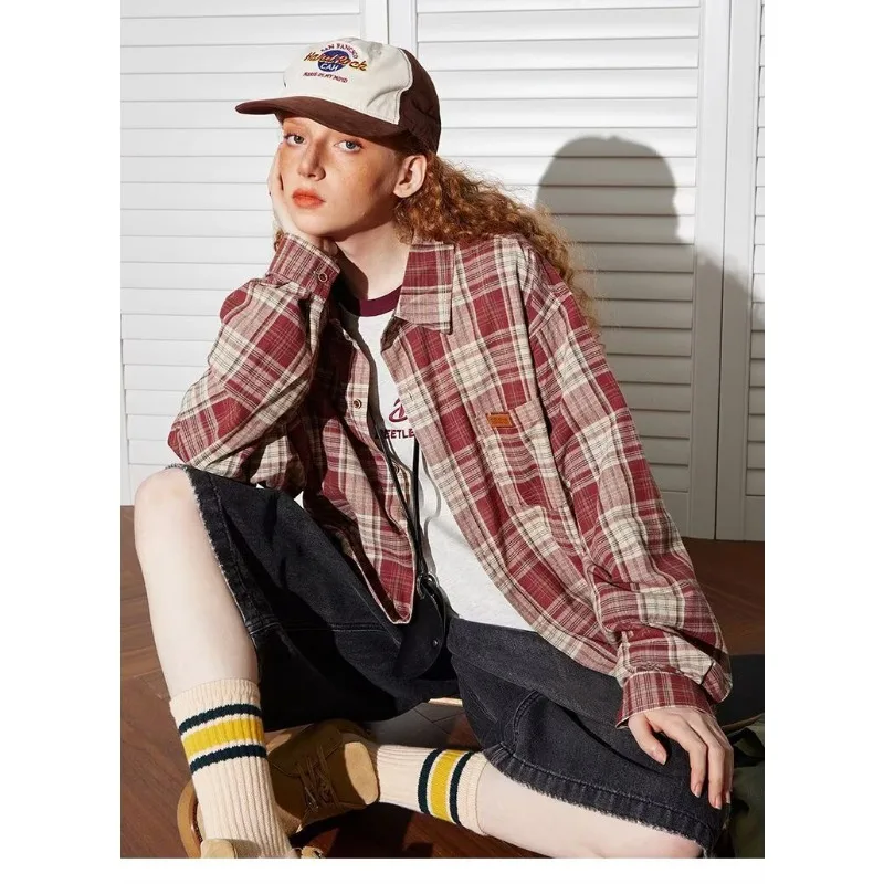 Ropa de trabajo de manga larga, ropa Popular coreana, camisa a cuadros Traf American High Street, camisas de marca de moda, estilo de diseñador Retro